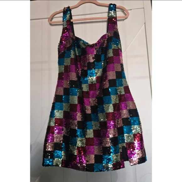 NASTY GAL Sequin Colorful Checkerboard Mini Dress Size 8 - Picture 4 of 14